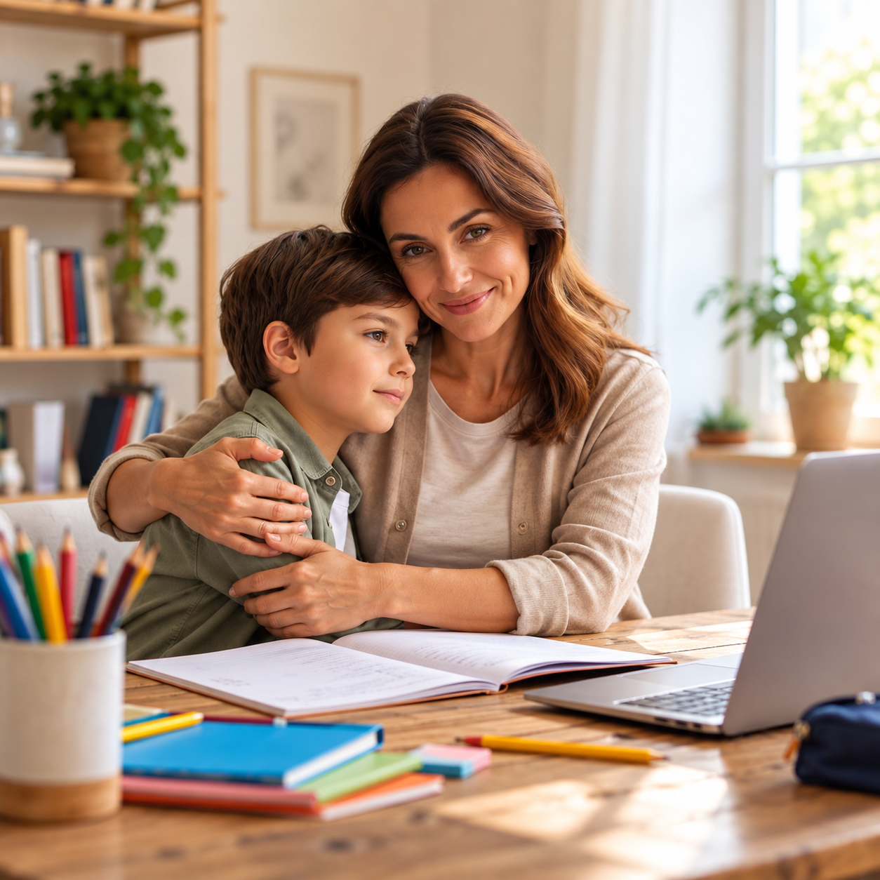 Mamma serena che abbraccia il bambino mentre studia